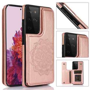 For Samsung Galaxy S21 Ultra 5G Double Buckle Mandala PU+TPU Phone Case(Rose Gold)