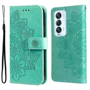 For Tecno Camon 18 Premier 7-petal Flowers Embossed Flip Leather Phone Case(Green)