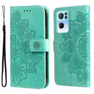 For OPPO Reno7 Pro 5G 7-petal Flowers Embossed Flip Leather Phone Case(Green)