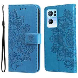 For OPPO Reno7 Pro 5G 7-petal Flowers Embossed Flip Leather Phone Case(Blue)