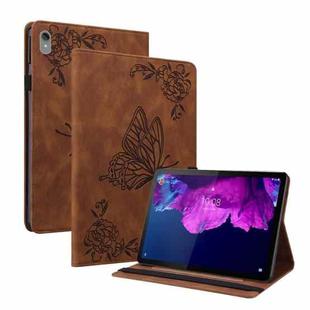 For Lenovo Tab P11 TB-J606F Butterfly Flower Embossed Leather Tablet Case(Brown)