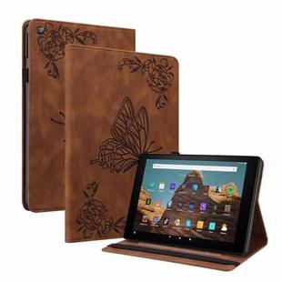 For Amazon Kindle Fire HD 10 2019 / 2017 Butterfly Flower Embossed Leather Tablet Case(Brown)