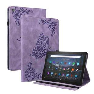 For Amazon Kindle Fire HD 8 2018/2017/2016/2015 Butterfly Flower Embossed Leather Tablet Case(Purple)