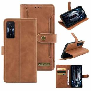 For Xiaomi Redmi K50 Gaming Copper Buckle Leather Phone Case(Brown)