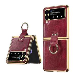 For Samsung Galaxy Z Flip3 5G Leather Texture PC Ring Holder Phone Case(Red)