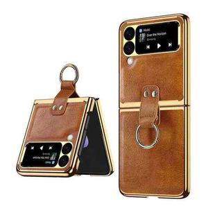 For Samsung Galaxy Z Flip3 5G Leather Texture PC Ring Holder Phone Case(Brown)