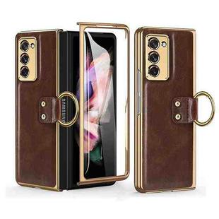 For Samsung Galaxy Z Fold2 5G Leather Texture PC Ring Holder Phone Case(Coffee)