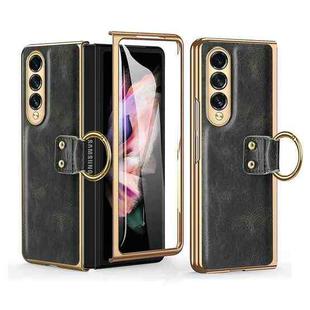 For Samsung Galaxy Z Fold3 5G Leather Texture PC Ring Holder Phone Case(Green)