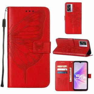 For OPPO A57 5G 2022 Embossed Butterfly Leather Phone Case(Red)