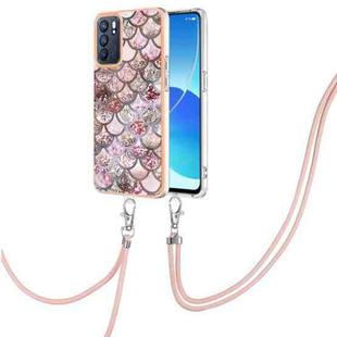 For OPPO Reno6 5G Electroplating IMD TPU Phone Case with Lanyard(Pink Scales)