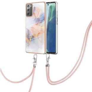 For Samsung Galaxy Note20 Electroplating IMD TPU Phone Case with Lanyard(White Marble)