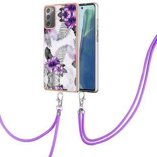 For Samsung Galaxy Note20 Electroplating IMD TPU Phone Case with Lanyard(Purple Flower)