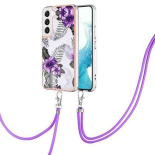 For Samsung Galaxy S22 5G Electroplating IMD TPU Phone Case with Lanyard(Purple Flower)