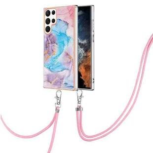 For Samsung Galaxy S22 Ultra 5G Electroplating IMD TPU Phone Case with Lanyard(Blue Marble)