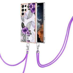 For Samsung Galaxy S22 Ultra 5G Electroplating IMD TPU Phone Case with Lanyard(Purple Flower)