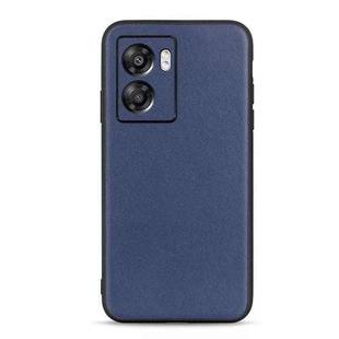 For OPPO A57 5G Accurate Hole Lambskin Texture Genuine Leather Phone Case(Blue)