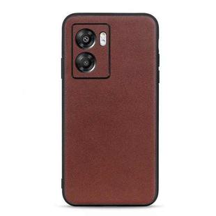 For OPPO A57 5G Accurate Hole Lambskin Texture Genuine Leather Phone Case(Brown)
