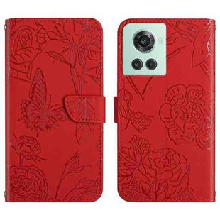 For OnePlus 10R/ACE Skin Feel Butterfly Peony Embossed Leather Phone Case(Red)