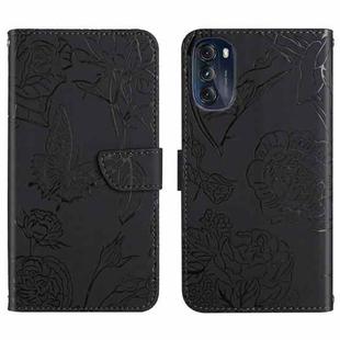 For Motorola Moto G 5G 2022 Skin Feel Butterfly Peony Embossed Leather Phone Case(Black)