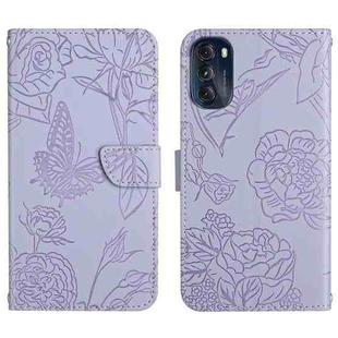 For Motorola Moto G 5G 2022 Skin Feel Butterfly Peony Embossed Leather Phone Case(Purple)