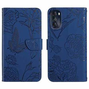 For Motorola Moto G 5G 2022 Skin Feel Butterfly Peony Embossed Leather Phone Case(Blue)