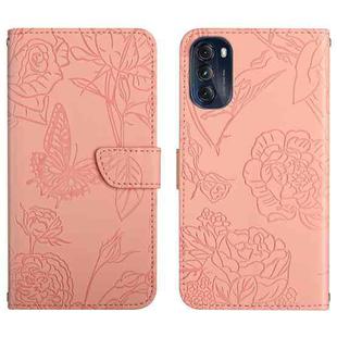 For Motorola Moto G 5G 2022 Skin Feel Butterfly Peony Embossed Leather Phone Case(Pink)