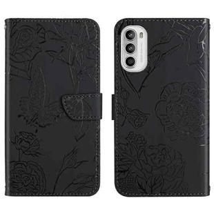 For Motorola Moto G52 Skin Feel Butterfly Peony Embossed Leather Phone Case(Black)