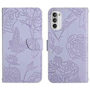 For Motorola Moto G52 Skin Feel Butterfly Peony Embossed Leather Phone Case(Purple)