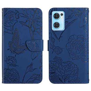 For OPPO Find X5 Lite Skin Feel Butterfly Peony Embossed Leather Phone Case(Blue)