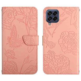 For Samsung Galaxy M33 Skin Feel Butterfly Peony Embossed Leather Phone Case(Pink)