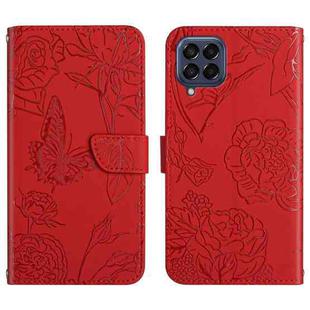 For Samsung Galaxy M33 Skin Feel Butterfly Peony Embossed Leather Phone Case(Red)