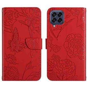 For Samsung Galaxy M53 Skin Feel Butterfly Peony Embossed Leather Phone Case(Red)