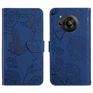 For Sharp Aquos R7 Skin Feel Butterfly Peony Embossed Leather Phone Case(Blue)