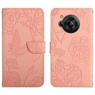 For Sharp Aquos R7 Skin Feel Butterfly Peony Embossed Leather Phone Case(Pink)