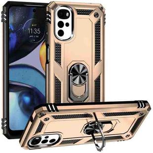 For Motorola Moto G22 Shockproof TPU + PC Holder Phone Case(Gold)