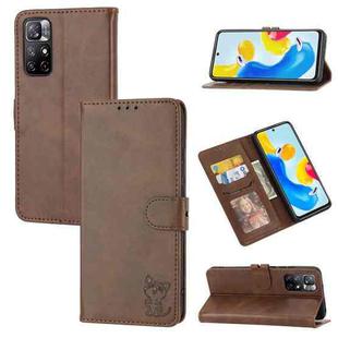 For Xiaomi Redmi Note 11 4G Global/11S Embossed Happy Cat Pattern Leather Phone Case(Brown)