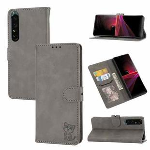 For Sony Xperia 1 IV Embossed Happy Cat Pattern Leather Phone Case(Grey)