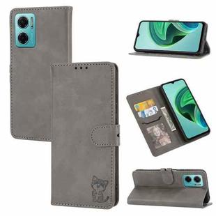 For Xiaomi Redmi Note 11E Embossed Happy Cat Pattern Leather Phone Case(Grey)