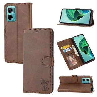 For Xiaomi Redmi Note 11E Embossed Happy Cat Pattern Leather Phone Case(Brown)