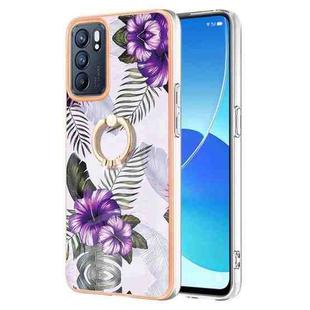 For OPPO Reno6 5G Electroplating IMD TPU Phone Case with Ring(Purple Flower)