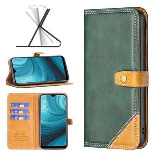 For OPPO A15 Color Matching Double Sewing Thread Leather Phone Case(Green)