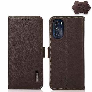 For Motorola Moto G 2022 5G KHAZNEH Side-Magnetic Litchi Genuine Leather RFID Phone Case(Brown)