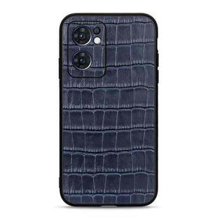 For OPPO Reno7 5G International Accurate Hole Crocodile Texture Genuine Leather Phone Case(Blue)