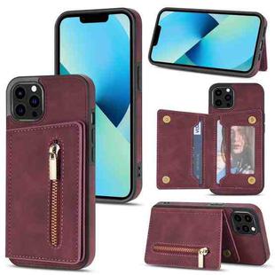 For iPhone 13 Pro Max Zipper Card Holder Phone Case (Wine Red)