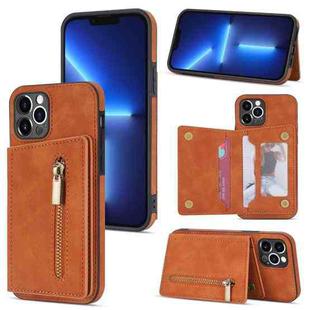 For iPhone 12 Pro Max Zipper Card Holder Phone Case(Brown)