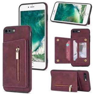 Zipper Card Holder Phone Case For iPhone 8 Plus / 7 Plus(Wine Red)