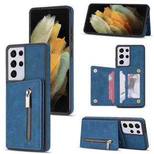 For Samsung Galaxy S21 Ultra 5G Zipper Card Holder Phone Case(Blue)
