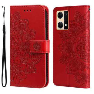 For OPPO Reno7 4G / F21 Pro 4G 7-petal Flowers Embossing Pattern Leather Phone Case(Red)