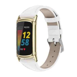 For Fitbit Charge5 Mijobs Genuine Leather Slim Watch Band(White+Gold)