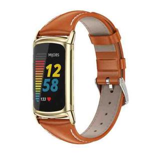 For Fitbit Charge5 Mijobs Genuine Leather Slim Watch Band(Orange+Gold)